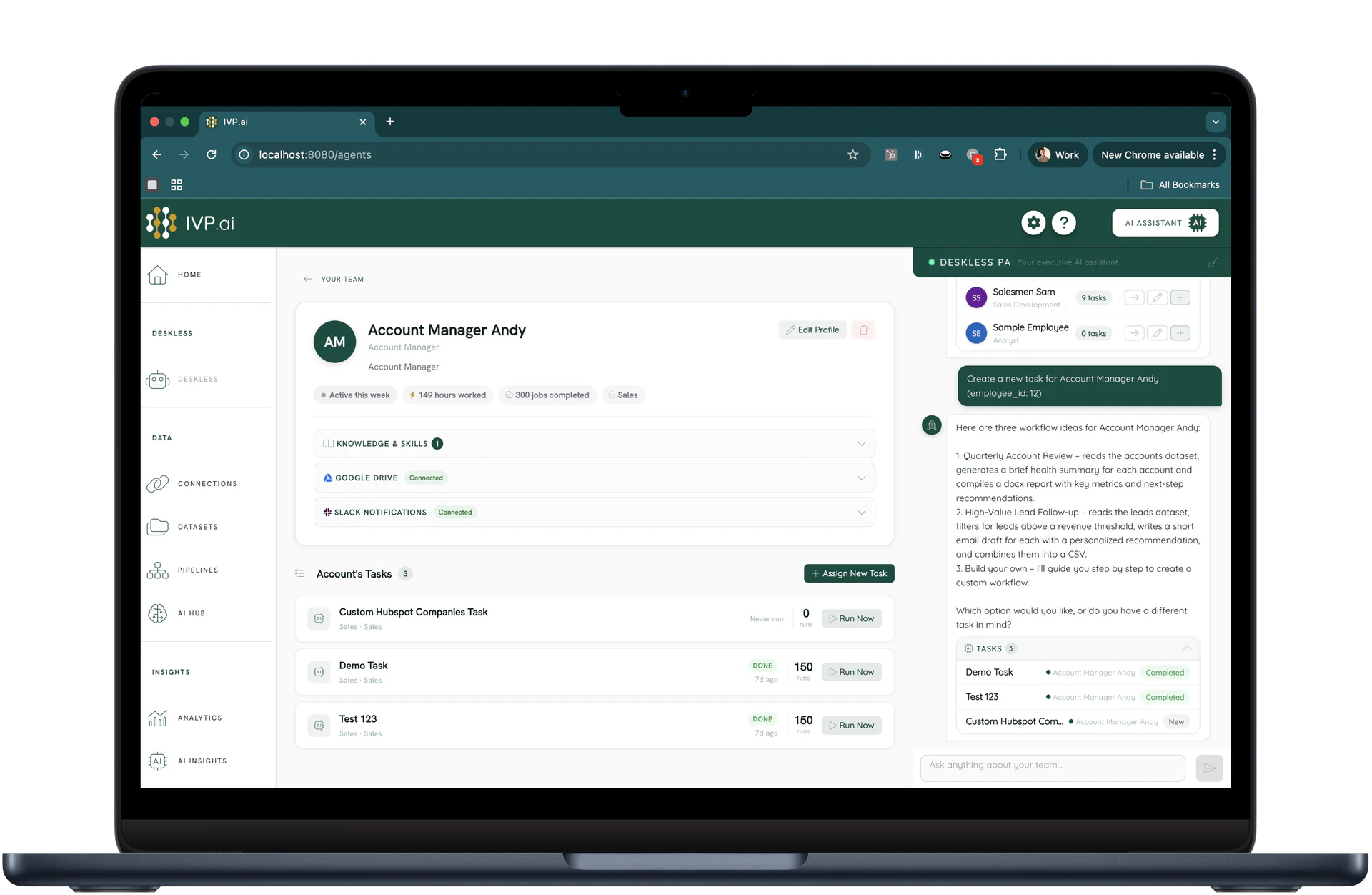 Individual Deskless agent profile showing tasks, integrations, and AI assistant